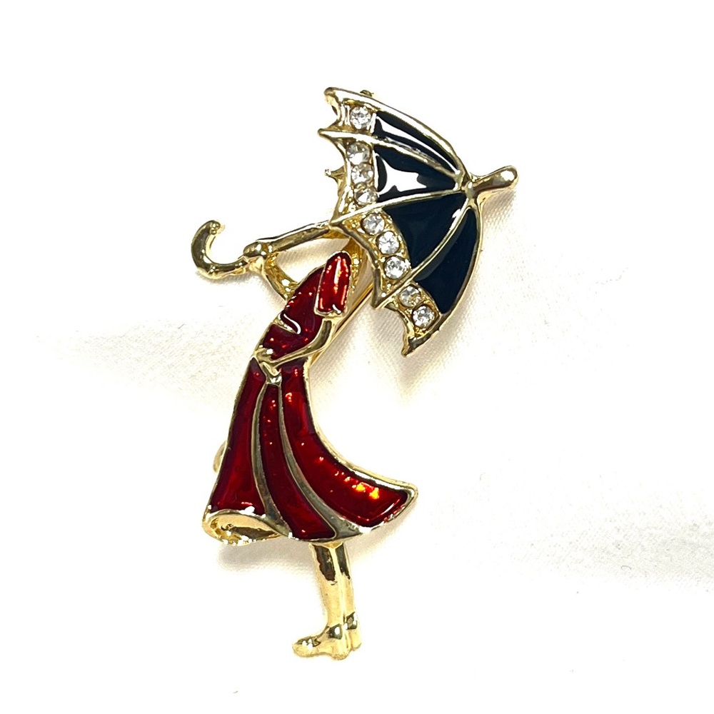Brooch, Umbrella, Red, Gold & Black with rhinestones, NIP, display case